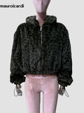 QDBAR Spring Winter Short Colorful Leopard Print Soft Warm Faux Fur Coat Women with Hood Long Sleeve Fluffy Jacket 2025