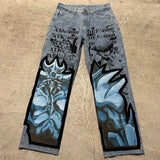 QDBAR Harajuku y2k baggy jeans blue eyes white dragon print wide leg denim pants popular anime jeans streetwear trouser men clothing