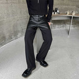 QDBAR Contrast Color Leather Straight Leg Pants