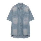 QDBAR Japanese Style Washed Denim Short Sleeve Shirt 2024 Summer New Fashion Couple Retro Street Shirt Coat Top