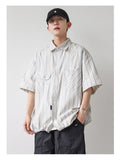 QDBAR 2024 Fall Fashion 2024 Summer New Niche Retro Striped Short-sleeved Shirt Men's Fashionable Hem Drawstring Half-sleeved Shirt Jacket