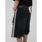 QDBAR Summer New Arrival Washed Rearing Dressed Three Bars Denim Hole Shorts Men's American Style Loose Casual Pants