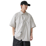 QDBAR 2024 Fall Fashion 2024 Summer New Niche Retro Striped Short-sleeved Shirt Men's Fashionable Hem Drawstring Half-sleeved Shirt Jacket