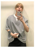 QDBAR Niche Design Sense Fake Two-piece V-neck Short-sleeved T-shirt Men's Summer New Loose Korean-style Simple All-match Half-sleeved Top