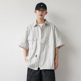 QDBAR 2024 Fall Fashion 2024 Summer New Niche Retro Striped Short-sleeved Shirt Men's Fashionable Hem Drawstring Half-sleeved Shirt Jacket