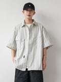 QDBAR 2024 Fall Fashion 2024 Summer New Niche Retro Striped Short-sleeved Shirt Men's Fashionable Hem Drawstring Half-sleeved Shirt Jacket