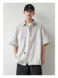 QDBAR 2024 Fall Fashion 2024 Summer New Niche Retro Striped Short-sleeved Shirt Men's Fashionable Hem Drawstring Half-sleeved Shirt Jacket