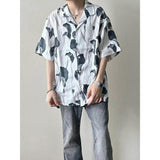 QDBAR Ins American Style Retro Design Sense Cuban Collar Short-sleeved Printed Shirt Men's Summer Loose Clenfit Shirt